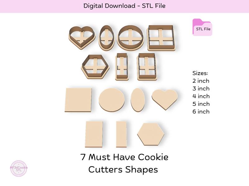 7 Must Have Cookie Cutter Shapes STL File, STL Cookie Cutter File, Instant Download, Cookie Stamp STL