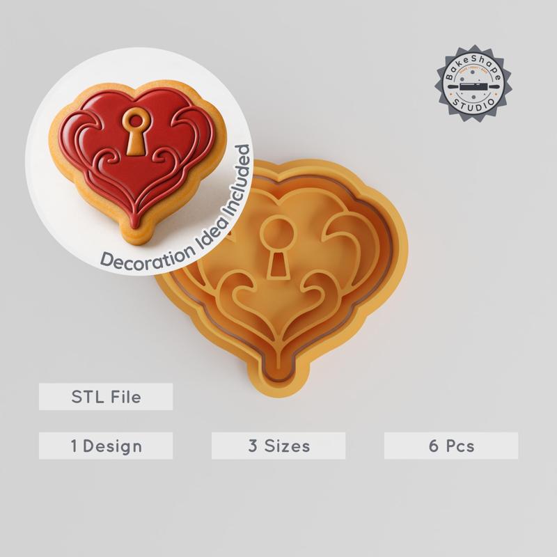 Locked Heart Shape Cutter & Stamp Set, Perfect for Cookies & Fondant, Day of the Dead Theme, 6-Piece Bundle, Sizes S/M/L