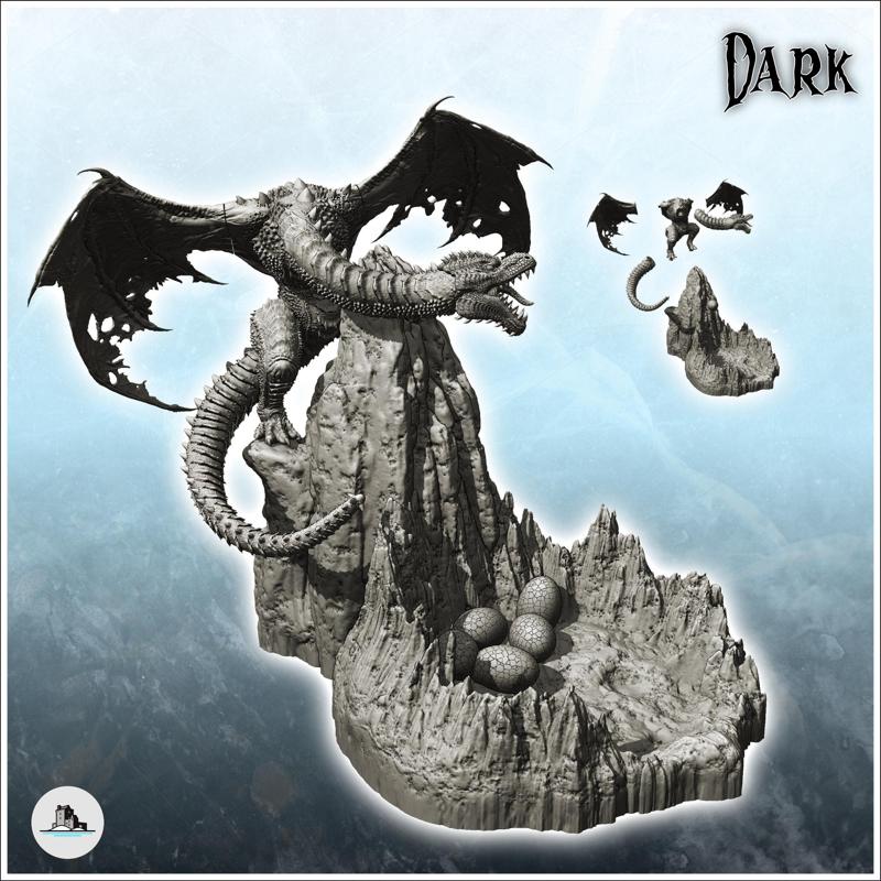 Dragon on rocky promontory with damaged wings and protecting nest with eggs (22) - Medieval Dark Chaos Animal Beast Undead Tabletop Terrain