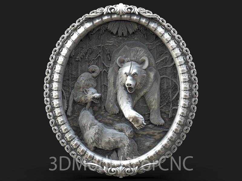 3D Model STL File for CNC Router Laser & 3D Printer Bear Fighting Wolves 1