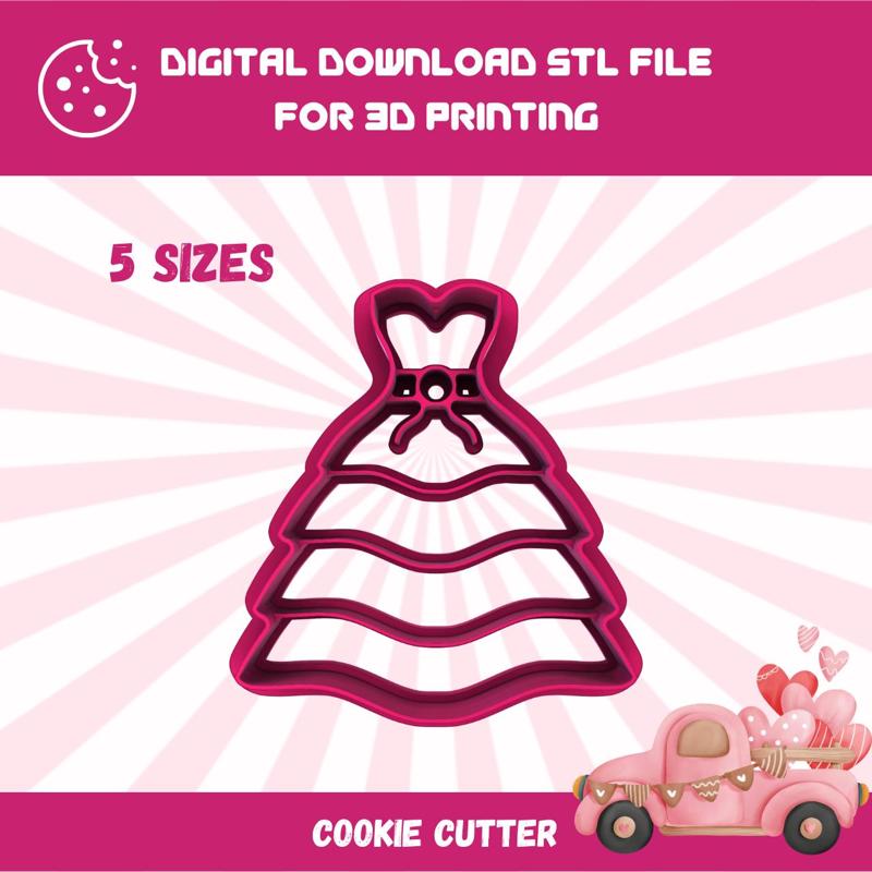 Cutty clay stl bridal, prom dress cookie cutter, 5 sizes stl file for 3d printing