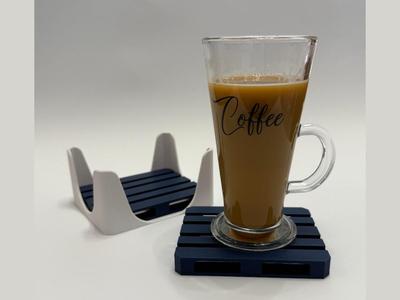 Stylish Pallet Coffee Coaster and 4‑Slot Stand