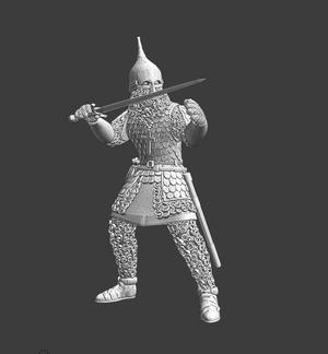 Medieval Heavy armoured russian warrior with sword