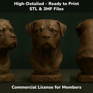 Rottweiler Dog Bust - 3D Printable STL 3MF File - Pet Memorial Statue - Dog Model Download