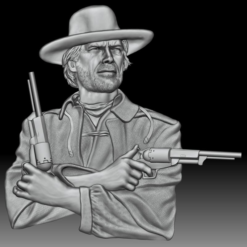 Cowboy shooter Clint Eastwood portrait western bas-relief for CNC router or 3D printer