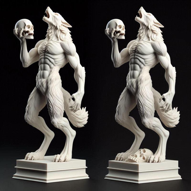 425 Ivory Werewolf Howling with Skull - Minimalist Statue