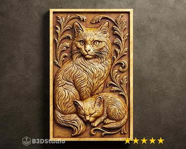 Cats Relief High Detail 3D Model: CNC Laser & 3D Print STL File + 4K TIF Grayscale Image
