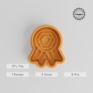 Ribbon Shape Cutter & Stamp Set, Cookie & Fondant Decor, 6 Piece, Sizes S/M/L, Award Badge & Honor Medal Designs