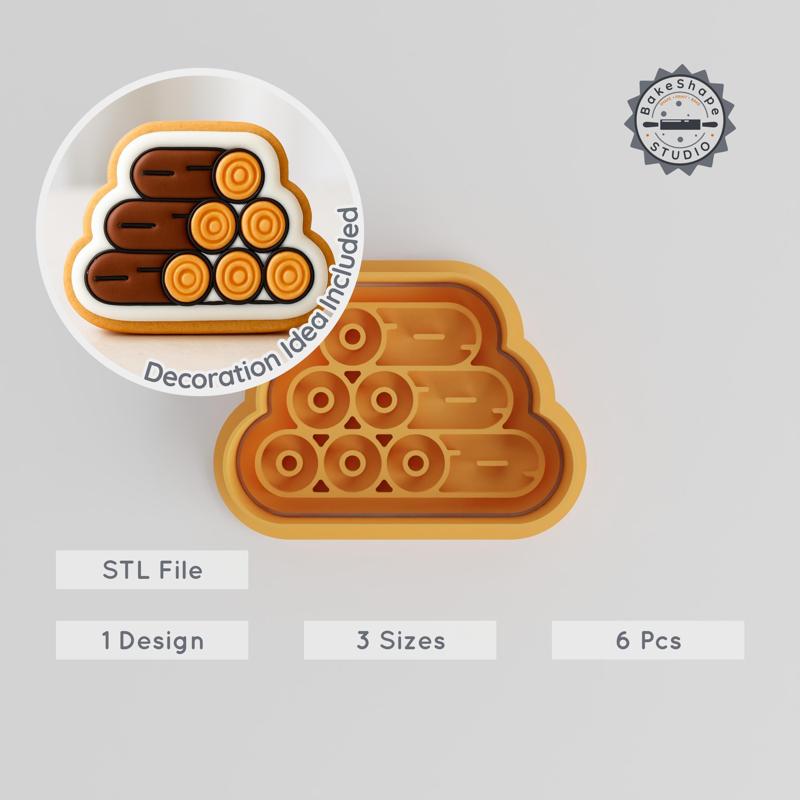 Firewood Shape Cutter & Stamp, Perfect for Cookies & Fondant, 6-Piece Set, S/M/L, Rustic Log Design