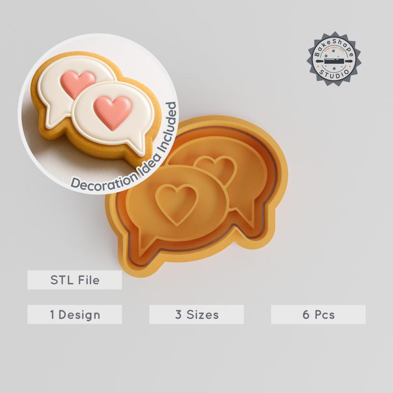 Romantic Chat Cookie Cutter & Stamp Set, Heart Message Designs, Perfect for Fondant, 6 Pieces, Sizes S/M/L