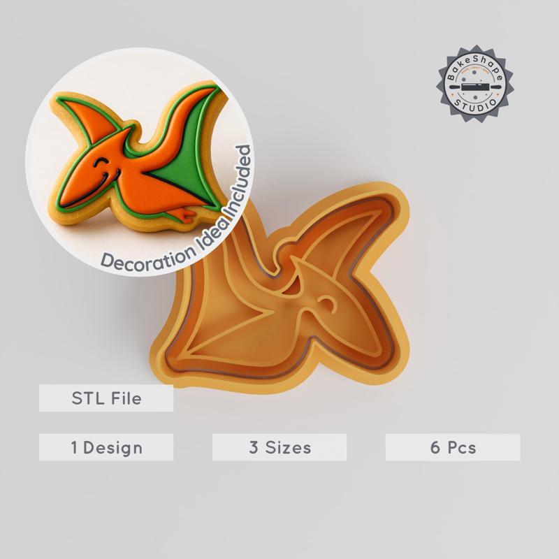 Pterodactyl Cookie Cutter & Stamp Set, 3 Sizes S/M/L, Dinosaur Baking, Jurassic Flyer Shape, Prehistoric Baking Tools