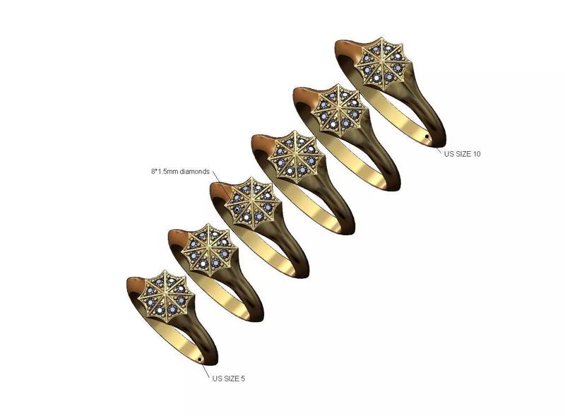 8 point star diamond facetes star signet ring US sizes 5to10