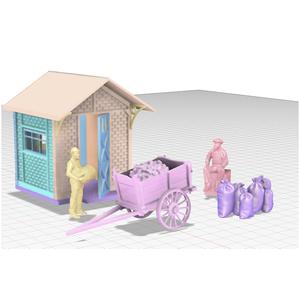 Track shed, 2 workers, 1 Charette, Bags. H0, N, 00