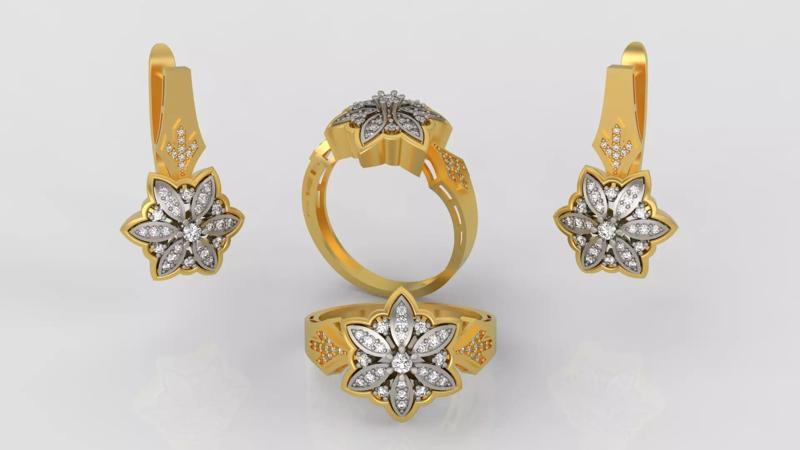 Ring and Earrings Diamond jewelry set 3d print model C23