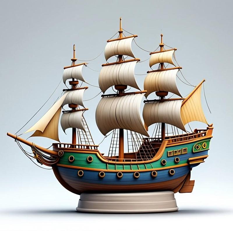 2226 Pirate Sailing Ship with Cannons - Ivory-Style Minimalist Model, ship, pirate, sailing, sails, sea, ocean, boat, magic, fantasy, wood, base, sword, warrior, wild, monster, godzilla, fair, witch, werewolf