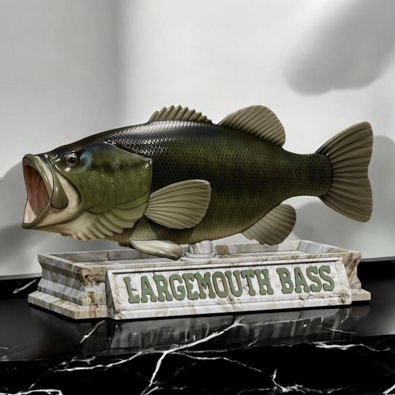 fish Largemouth Bass / Micropterus salmoides statue stone base detailed texture for 3d printing
