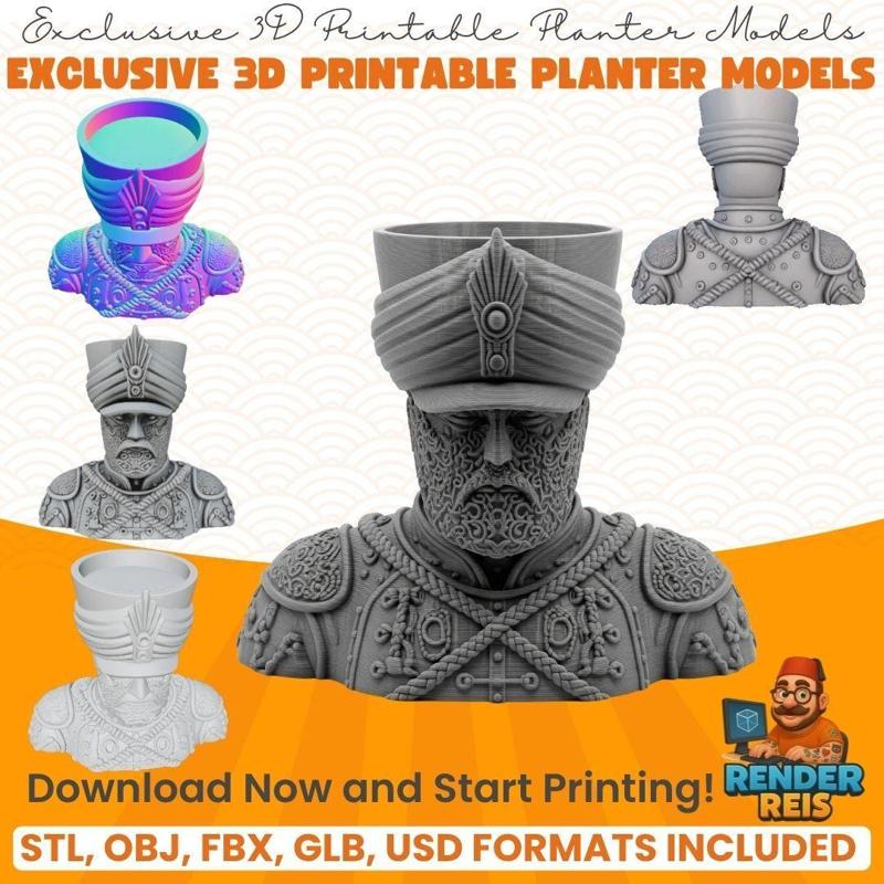 Ottoman Sultan Bust Planter: A Majestic Historical Figure in 3D Print