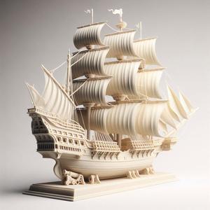 196 Pirate Sailing Ship with Cannons - Ivory-Style Minimalist Model, character, monster, fantasy, art, sculpture, model, animal, 3d model, statue, creature, magic, 3d print, collectible, cat, wood, dragon, sword, base, warrior, wild, dog