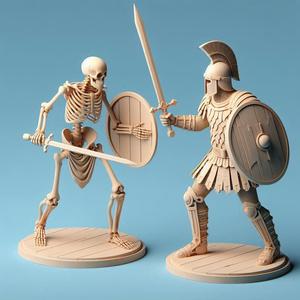 95 Battle of the Skeletons Figure vs Warrior Battle - Full Figure 3D Printed Wooden Statue, fantasy, art, sculpture, model, animal, 3d model, statue, creature, magic, 3d print, collectible, cat, bear, dinosaur, wood, dragon, sword, base, warrior