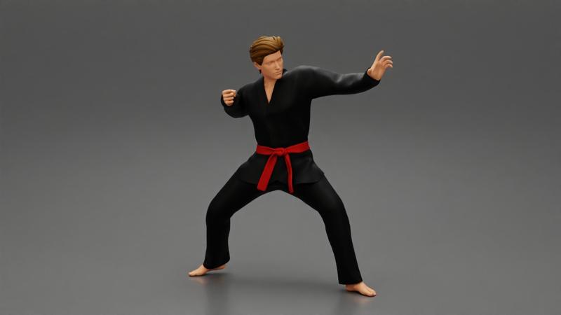 Karate man in a black kimono with a red belt