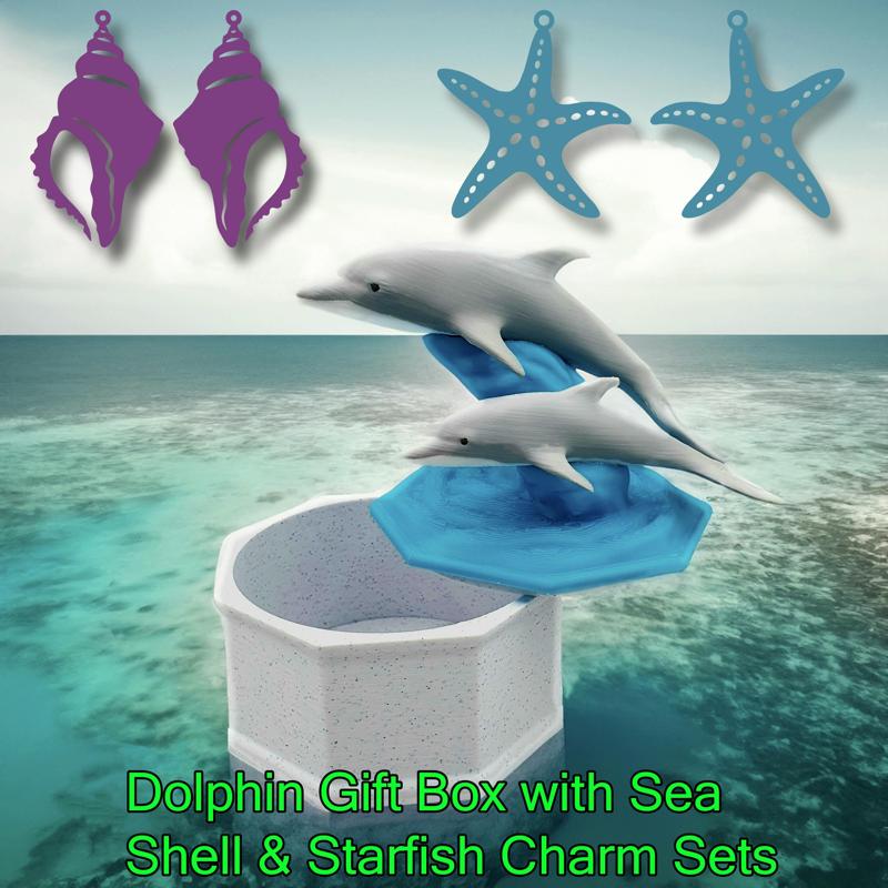 Dolphin Gift Box with Starfish and Shell Earrings, Pendants, Keychains, Springtime Jewelry