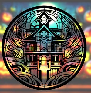 Spooky Halloween Haunted House Mandala Art – 2D geometric wall art (Stained Glass Style)