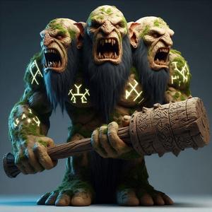 110 Three-Headed Troll - 3D-Printed Fantasy Statue with Club, character, monster, fantasy, art, sculpture, model, animal, 3d model, statue, creature, magic, 3d print, collectible, cat, wood, dragon, sword, base, warrior