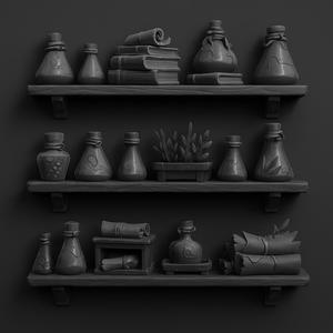 Fantasy Potion Shelf Set – Magic Bottles, Books & Scrolls 3D Printable Diorama