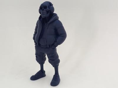 Stylish skeleton type with winter jacket and headphones