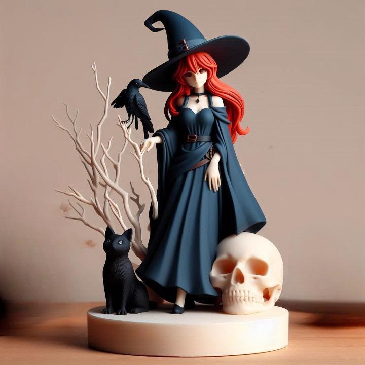 747 Red-Haired Witch with Cat and Raven - Full-Color 3D Model, magic, creature, sculpture, fantasy, wood, base, sword, warrior, wild, dragon, dnd, cat, monster, dog, godzilla, fair, totem, witch, werewolf