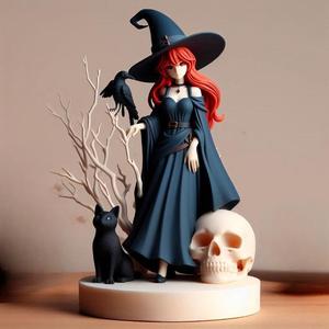 747 Red-Haired Witch with Cat and Raven - Full-Color 3D Model, magic, creature, sculpture, fantasy, wood, base, sword, warrior, wild, dragon, dnd, cat, monster, dog, godzilla, fair, totem, witch, werewolf