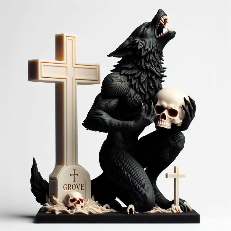 861 Ivory Werewolf Howling with Skull - 3D Model, magic, creature, fantasy, wood, base, sword, warrior, wild, cat, monster, dog, godzilla, fair, witch, werewolf, horror, beast, gothic, troll