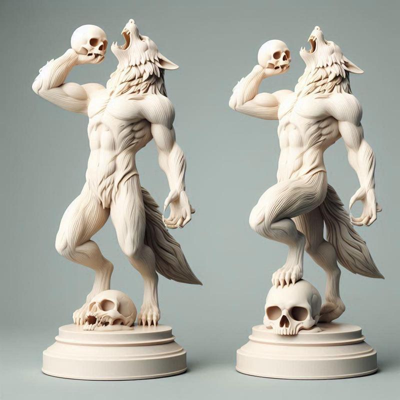 423 Ivory Werewolf Howling with Skull - Minimalist Statue, statue, magic, creature, dinosaur, sculpture, troll, monkey, witch, werewolf, pug, serpent, dragon, dnd, cat, monster hunter, dog, totem