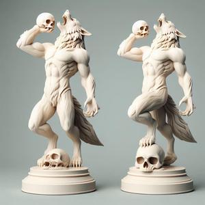 423 Ivory Werewolf Howling with Skull - Minimalist Statue, statue, magic, creature, dinosaur, sculpture, troll, monkey, witch, werewolf, pug, serpent, dragon, dnd, cat, monster hunter, dog, totem