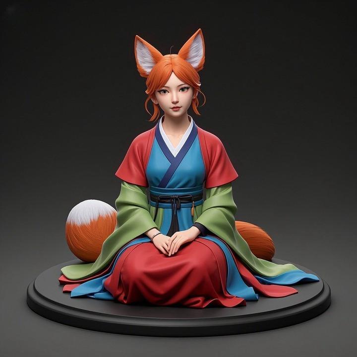 1412 COLORFUL Fox Spirit Woman in Pu Song Ling Style, beast, magic, creature, fantasy, wood, base, sword, warrior, wild, cat, monster, fox, godzilla, fair, witch, werewolf, horror, beast, gothic, troll