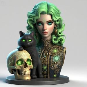 1900 Green-Haired Witch Bust with Cat and Skull, magic, dragon, serpent, mask, mask, gnome, gorgon, venetian carnival, wild, fox, monster, cat, fair, witch, werewolf, horror, beast, snake, troll, skeleton dance