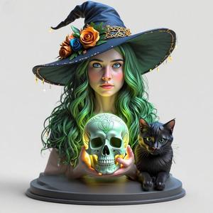 1923 Green-Haired Witch Bust with Cat and Skull, magic, dragon, serpent, mask, gnome, gorgon, venetian carnival, wild, fox, monster, cat, fair, witch, werewolf, horror, beast, snake, troll, skeleton dance