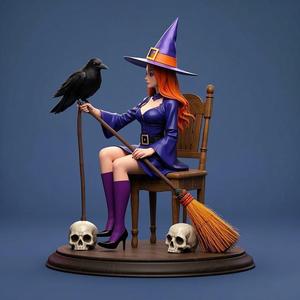 1341 Elegant Witch with Broom, Raven and Skull - Colorful Full-Body Figurine, magic, creature, fantasy, wood, gnome, gorgon, warrior, wild, fox, monster, cat, dog, fair, witch, werewolf, horror, beast, gothic, troll