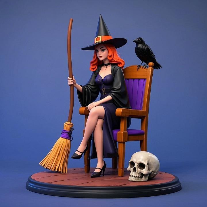 1275 Elegant Witch with Broom, Raven and Skull - Colorful Full-Body Figurine, magic, creature, fantasy, wood, gnome, gorgon, warrior, wild, fox, monster, cat, dog, fair, witch, werewolf, horror, beast, gothic, troll