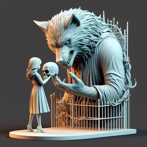 1273 Colorful 3D Model of Confused Werewolf and Brave Girl on Base, magic, creature, fantasy, wood, gnome, gorgon, warrior, wild, fox, monster, cat, dog, fair, witch, werewolf, horror, beast, gothic, troll