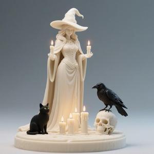 548 Elegant White Witch with Candles, Black Raven, Black Cat and Skull - Full-Body Figurine, statue, magic, creature, sculpture, bear, monkey, witch, werewolf, dachshund, pug, serpent, dragon, dnd, cat, monster hunter, dog