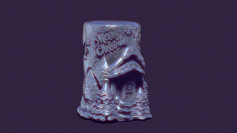 Christmas festive candle with Christmas trees, Santa Claus hut and snowstorm