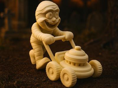Happy Mummy Mowing the Lawn