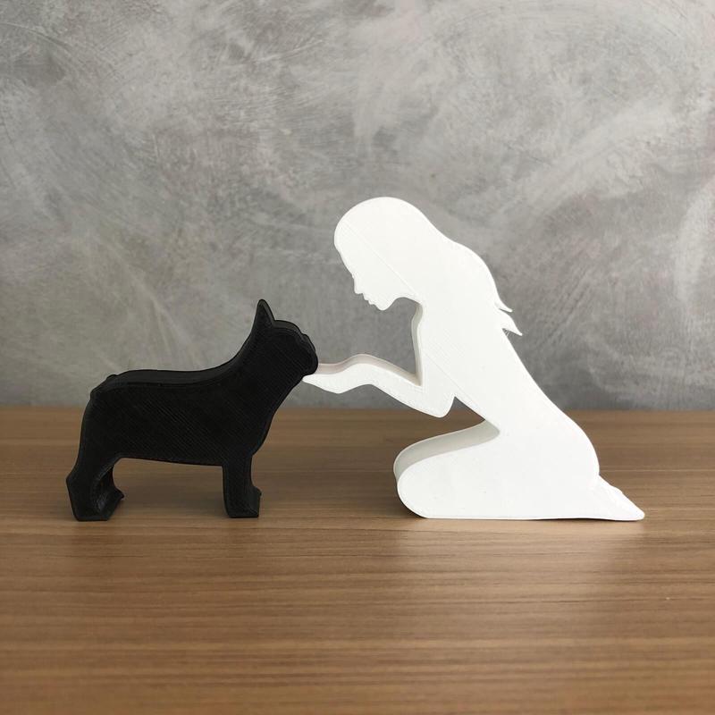 Girl and her french bulldog(straight hair) for 3D printer or laser cut