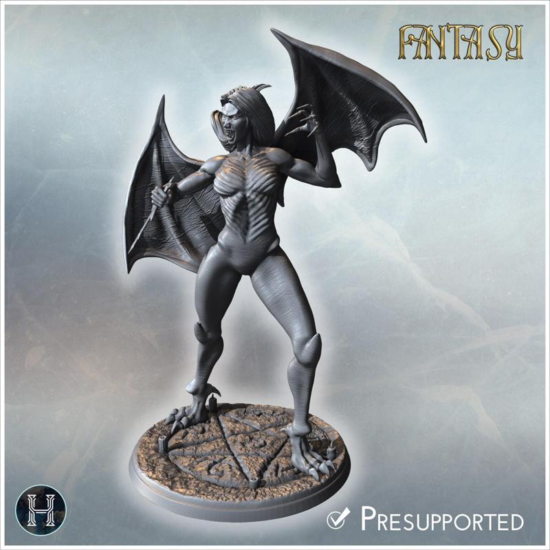 Vampire bat-woman in motion, clawed hands and spread wings, standing on rugged textured base (27) - Medieval Fantasy Magic Feudal Old Archaic Saga 28mm 15mm