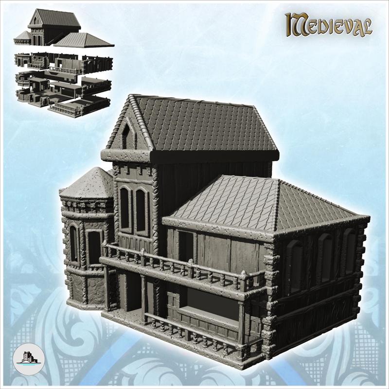 Large half-timbered building with tiled roof and rounded annex (20) - Medieval Feudal Old Archaic Saga 28mm 15mm