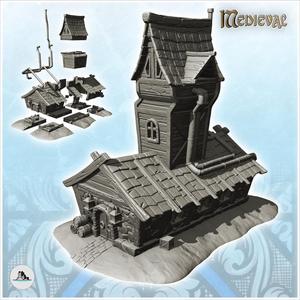 Large medieval building with high tower with exterior pipes and accessories (9) - Medieval Gothic Feudal Old Archaic Saga 28mm 15mm