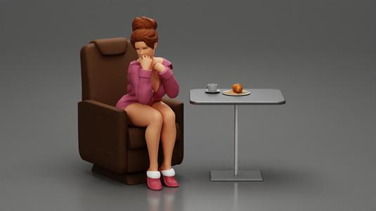 Girl in long shirt sitting and enjoying breakfast on airplane first class