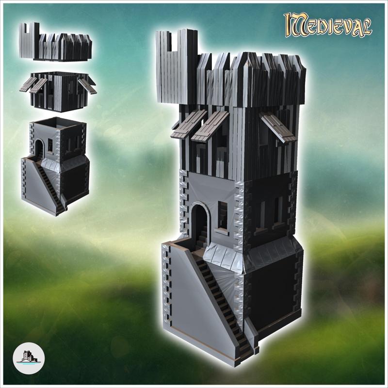Medieval tower with stone with battlements and large external access staircase (13) - Medieval Gothic Feudal Old Archaic Saga 28mm 15mm RPG