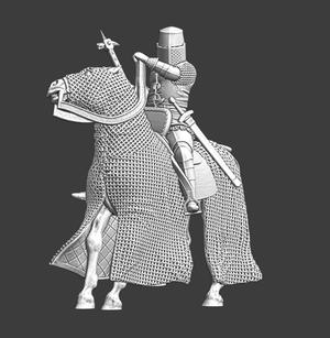 Medieval mounted knight, chainmail horse and warhammer